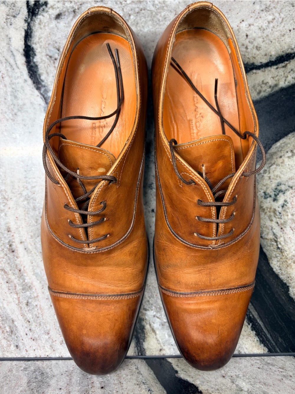 Santoni Cap Toe Oxford Shoes 10.5 US Cognac Brown Hand Burnished Made in Italy - Picture 10 of 12